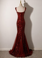 Wine Red Straps Sweetheart Mermaid Long Prom Dresses Wine Red Sequins Prom Dresses