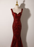 Wine Red Straps Sweetheart Mermaid Long Prom Dresses Wine Red Sequins Prom Dresses