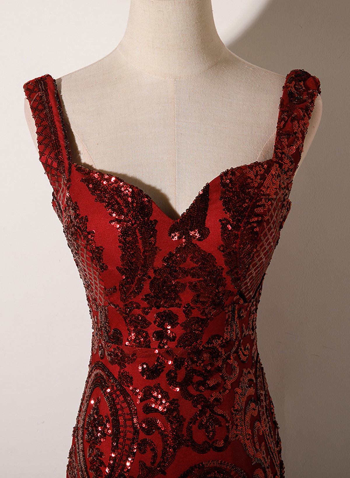 Wine Red Straps Sweetheart Mermaid Long Prom Dresses Wine Red Sequins Prom Dresses