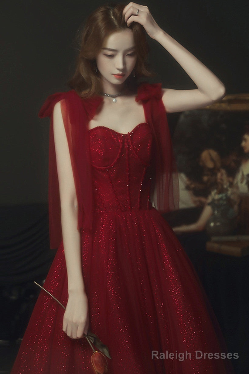 Wine Red Straps Sweetheart Shiny Tulle Party Dress, A-Line Wine Red Formal Dress Secondary image