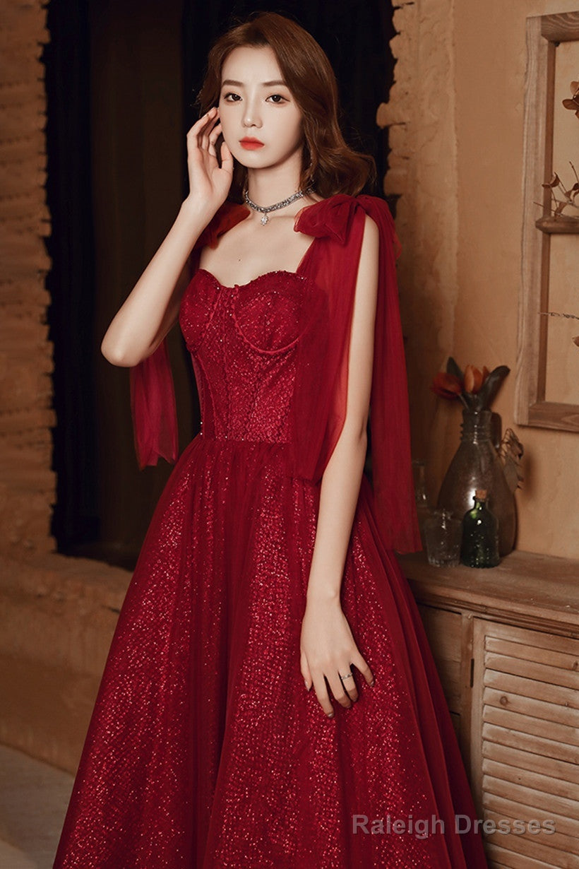 Wine Red Straps Sweetheart Shiny Tulle Party Dress, A-Line Wine Red Formal Dress Main image