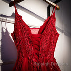 Wine Red Straps V-Neckline Lace Applique Long Prom Dress, Dark Red Formal Dresses