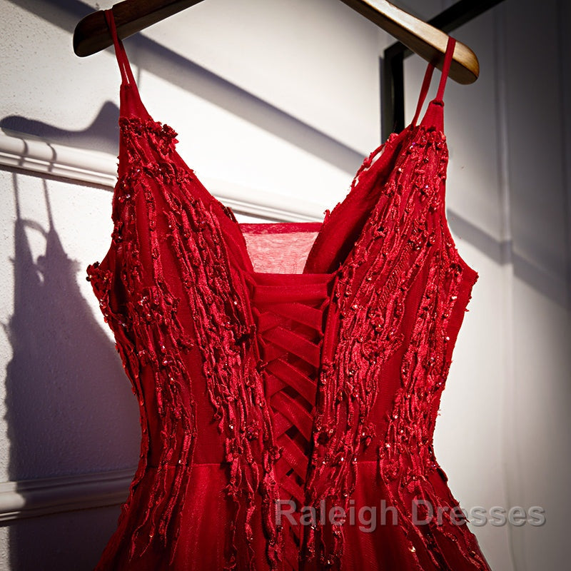 Wine Red Straps V-Neckline Lace Applique Long Prom Dress, Dark Red Formal Dresses