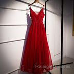 Wine Red Straps V-Neckline Lace Applique Long Prom Dress, Dark Red Formal Dresses