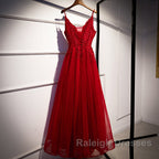 Wine Red Straps V-Neckline Lace Applique Long Prom Dresses Dark Red Prom Dress