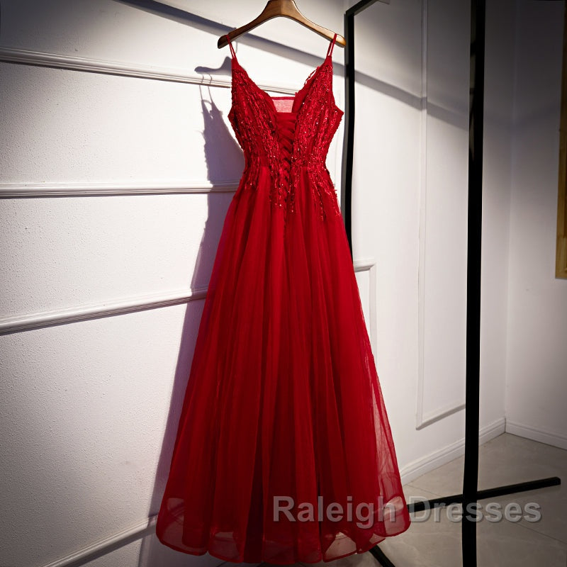 Wine Red Straps V-Neckline Lace Applique Long Prom Dresses Dark Red Prom Dress