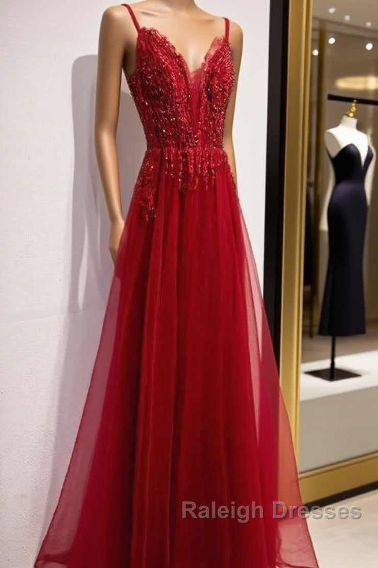 Wine Red Straps V-Neckline Lace Applique Long Prom Dress, Dark Red Formal Dresses
