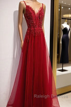 Wine Red Straps V-Neckline Lace Applique Long Prom Dresses Dark Red Prom Dress