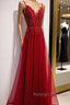Wine Red Straps V-Neckline Lace Applique Long Prom Dresses Dark Red Prom Dress