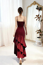Wine Red Straps Velvet Long Formal Dress, Wine Red Velvet Layers Prom Dress Evening Dress