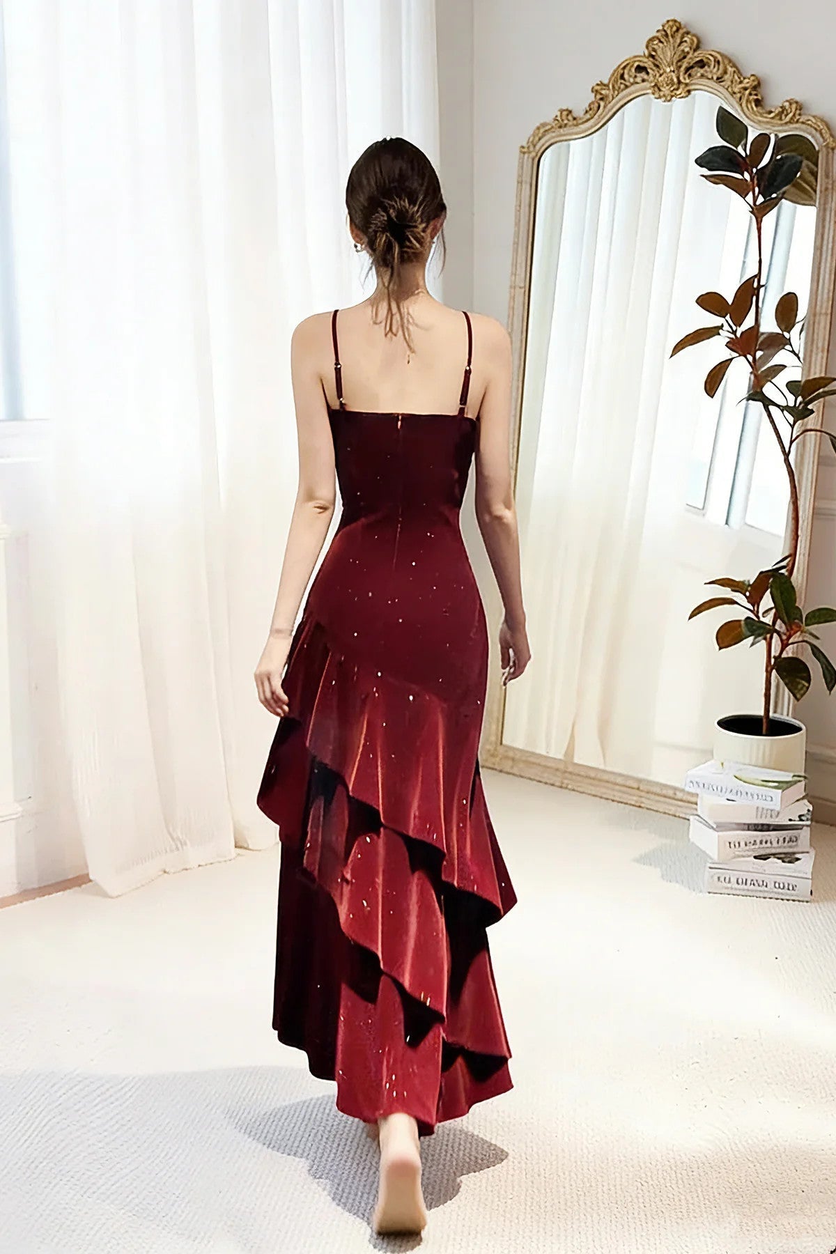 Wine Red Straps Velvet Long Formal Dress, Wine Red Velvet Layers Prom Dress Evening Dress