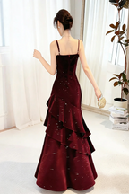 Wine Red Straps Velvet Long Formal Dress, Wine Red Velvet Layers Prom Dress Evening Dress