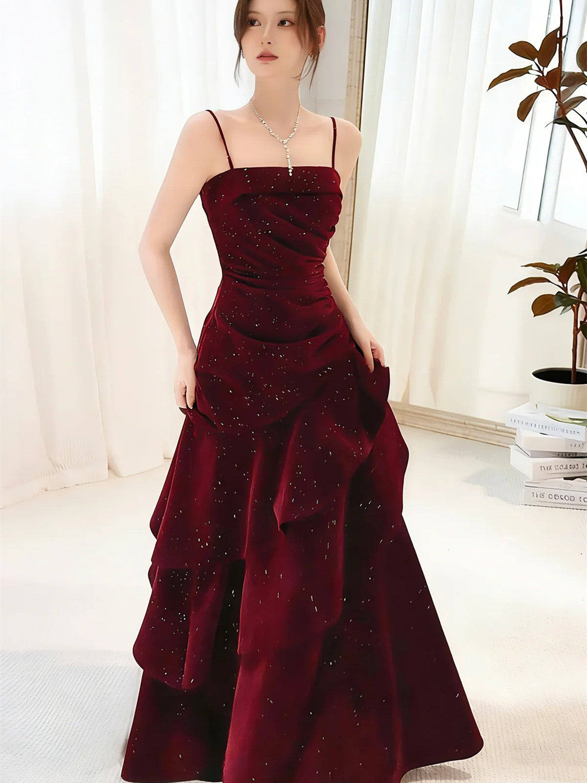 Wine Red Straps Velvet Long Formal Dress, Wine Red Velvet Layers Prom Dress Evening Dress Main image