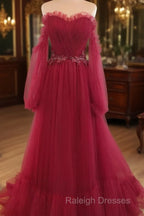 Wine Red Sweetheart Beaded Off Shoulder Party Dress, Wine Red Bridesmaid Dress