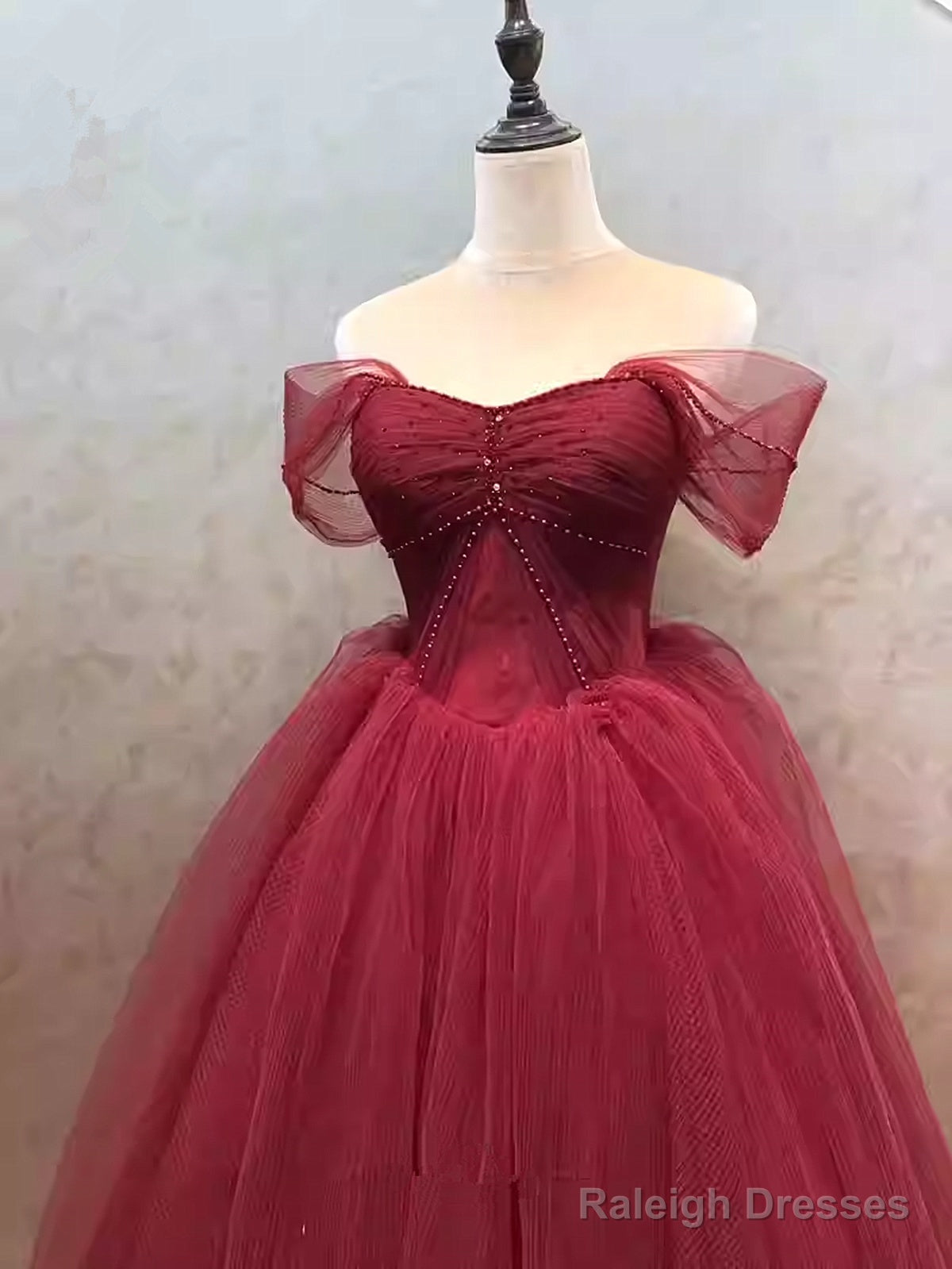 Wine Red Sweetheart Beaded Off Shoulder Party Dress, Wine Red Tulle Formal Dress
