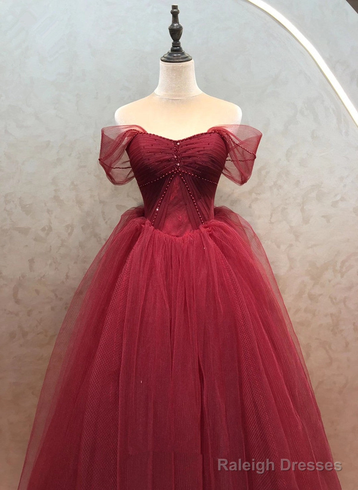 Wine Red Sweetheart Beaded Off Shoulder Party Dress, Wine Red Tulle Formal Dress Main image