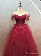 Wine Red Sweetheart Beaded Off Shoulder Party Dress, Wine Red Tulle Formal Dress