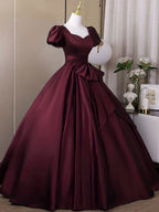 Wine Red Sweetheart Satin Long Prom Dresses Short Sleeves Wine Red Prom Dresses