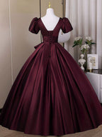 Wine Red Sweetheart Satin Long Prom Dresses Short Sleeves Wine Red Prom Dresses