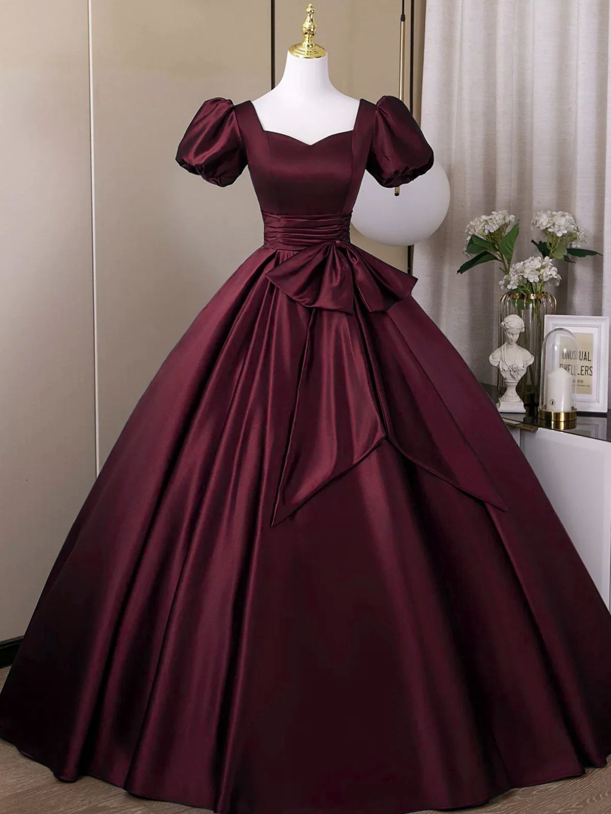 Wine Red Sweetheart Satin Long Prom Dresses Short Sleeves Wine Red Prom Dresses Main image