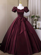 Wine Red Sweetheart Satin Long Prom Dresses Short Sleeves Wine Red Prom Dresses