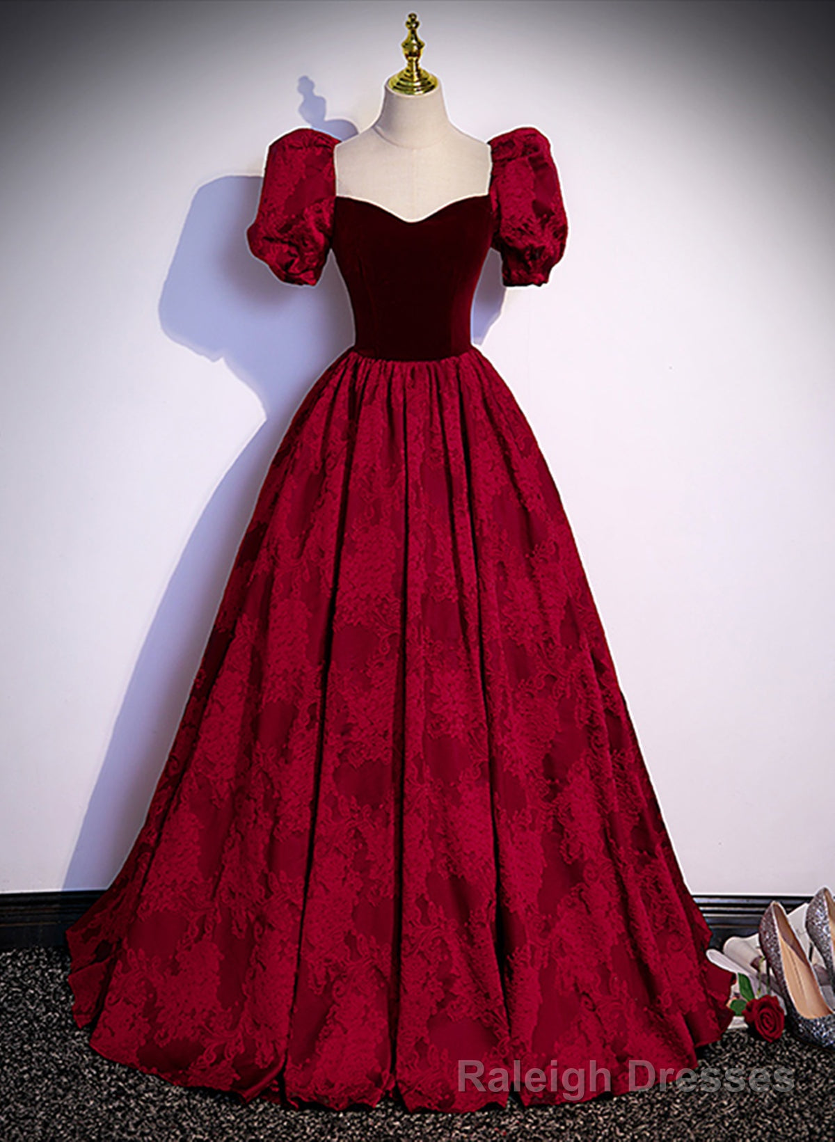 Wine Red Sweetheart Short Sleeves Long Party Dress, Wine Red Evening Dress Prom Dress