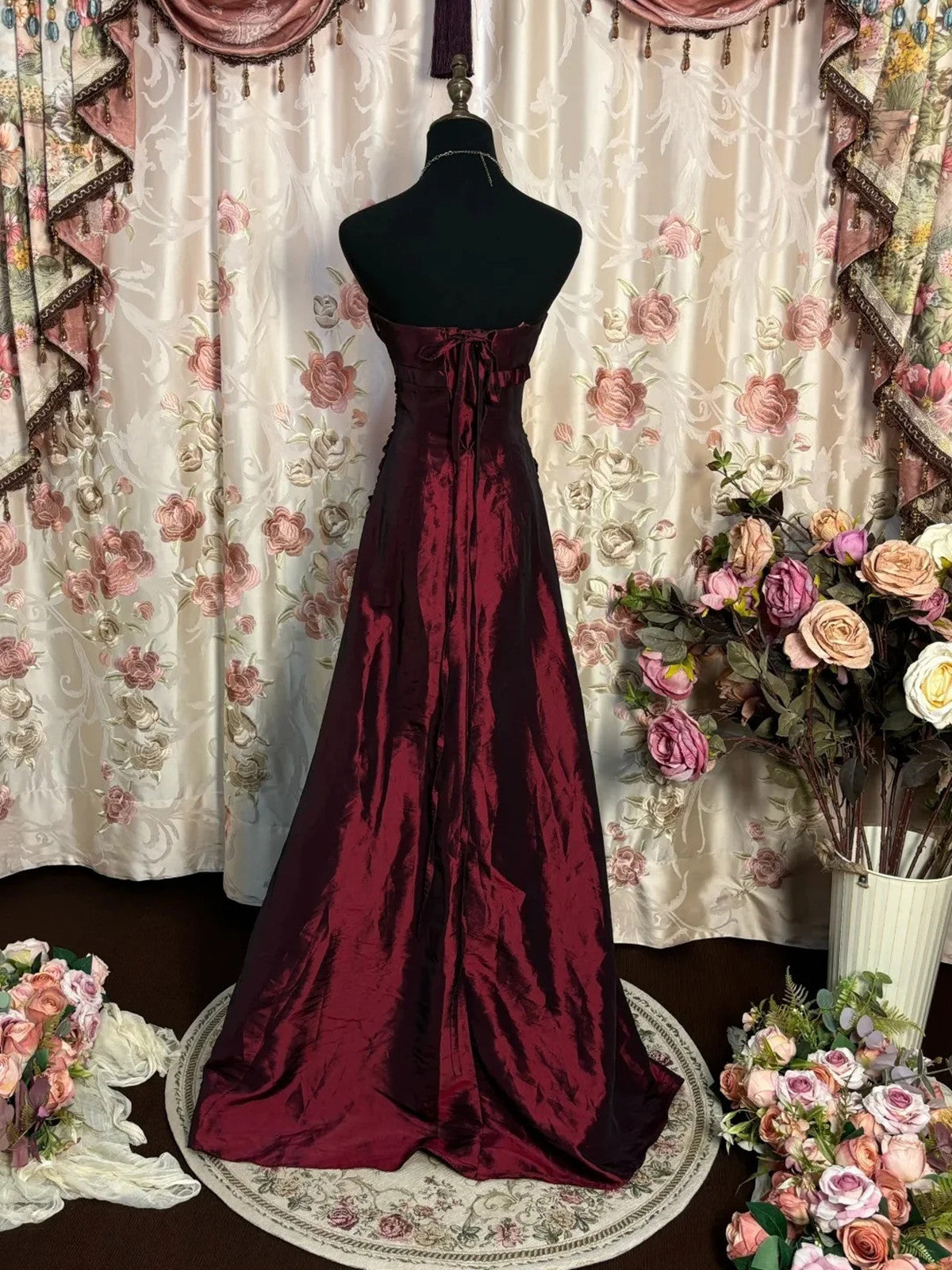Wine Red Taffeta Scoop Long Formal Dress, Wine Red Taffeta A-Line Prom Dress Evening Dress