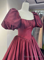 Wine Red Taffeta Short Sleeves Long Formal Dress, Wine Red Prom Dress