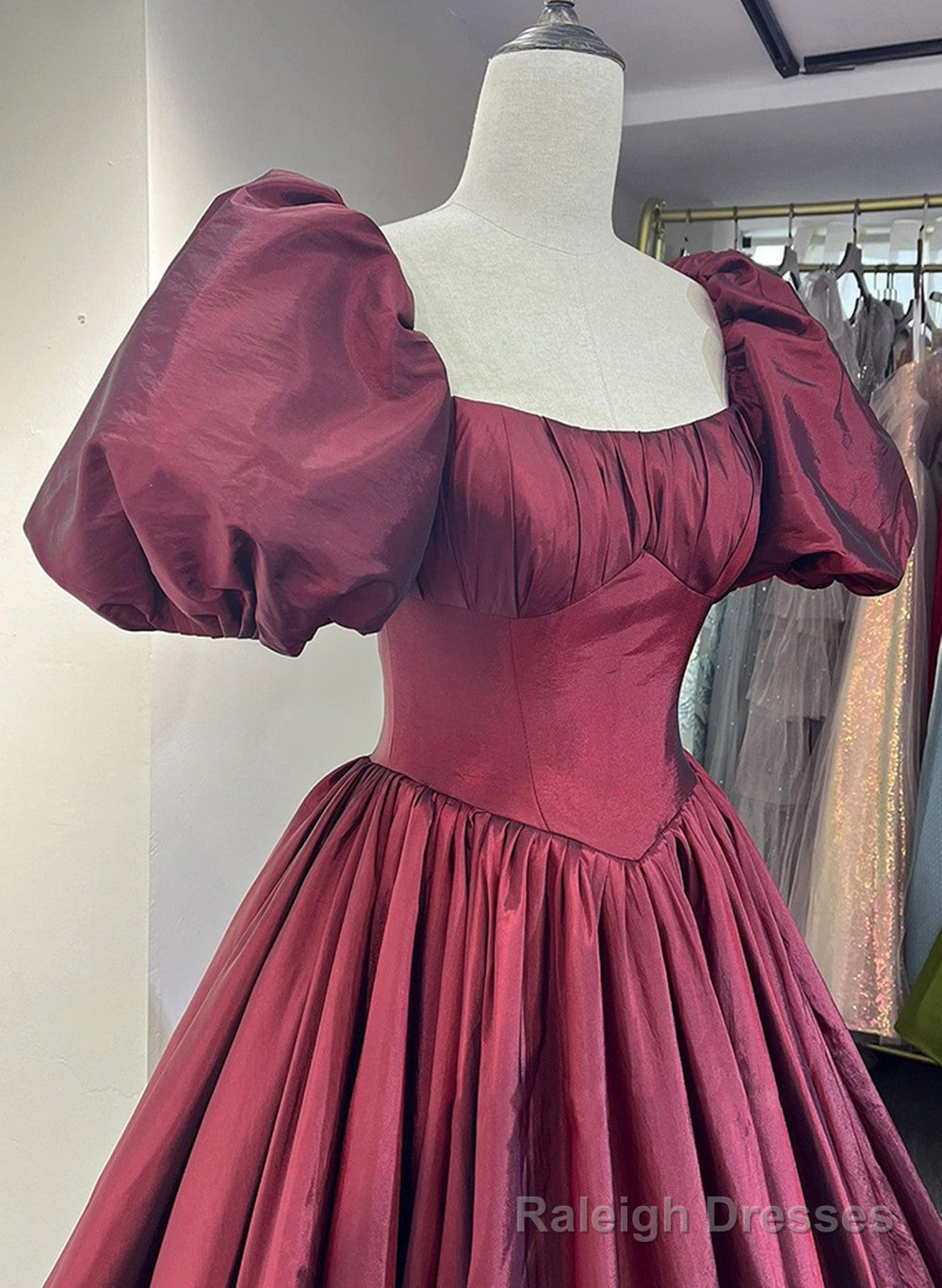 Wine Red Taffeta Short Sleeves Long Formal Dress, Wine Red Prom Dress