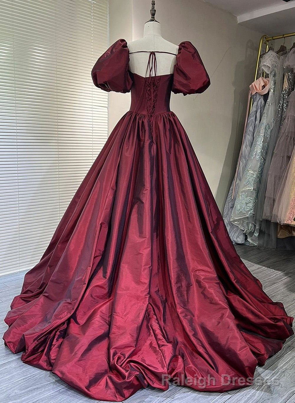Wine Red Taffeta Short Sleeves Long Formal Dress, Wine Red Prom Dress Secondary image