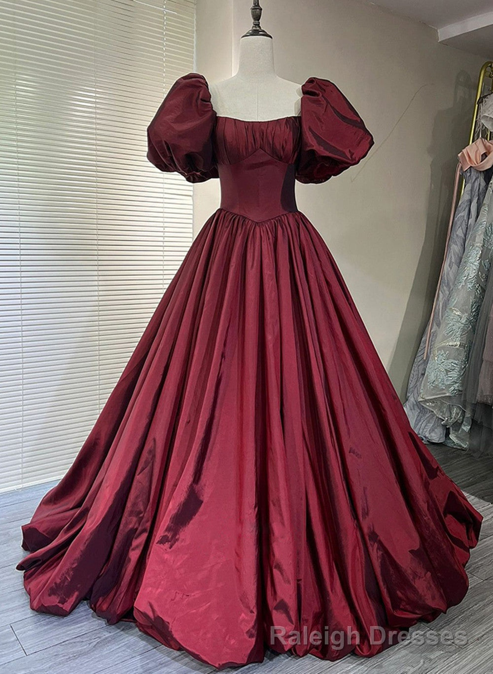 Wine Red Taffeta Short Sleeves Long Formal Dress, Wine Red Prom Dress Main image