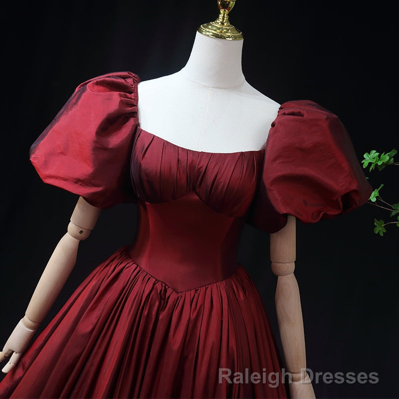 Wine Red Taffeta Short Sleeves Long Prom Dress, Wine Red Evening Dress Formal Dress Secondary image