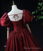 Wine Red Taffeta Short Sleeves Long Prom Dress, Wine Red Prom Dress Formal Dress