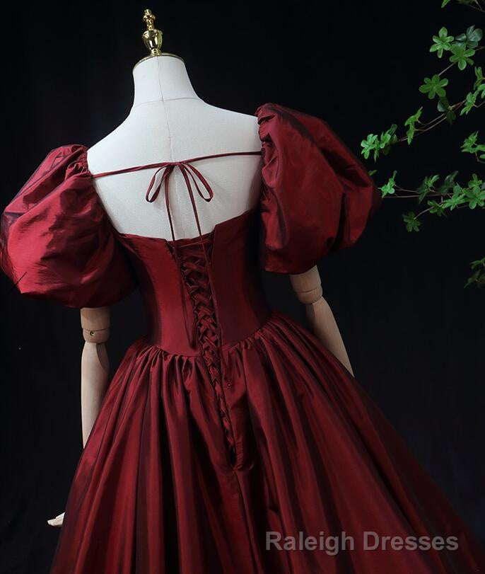 Wine Red Taffeta Short Sleeves Long Prom Dress, Wine Red Prom Dress Formal Dress