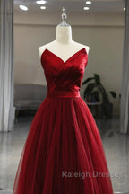 Wine Red Tea Length Tulle V-Neckline Prom Dress, Wine Red Tulle Party Dress