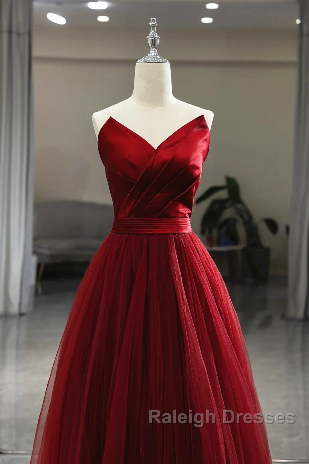 Wine Red Tea Length Tulle V-Neckline Prom Dress, Wine Red Tulle Party Dress