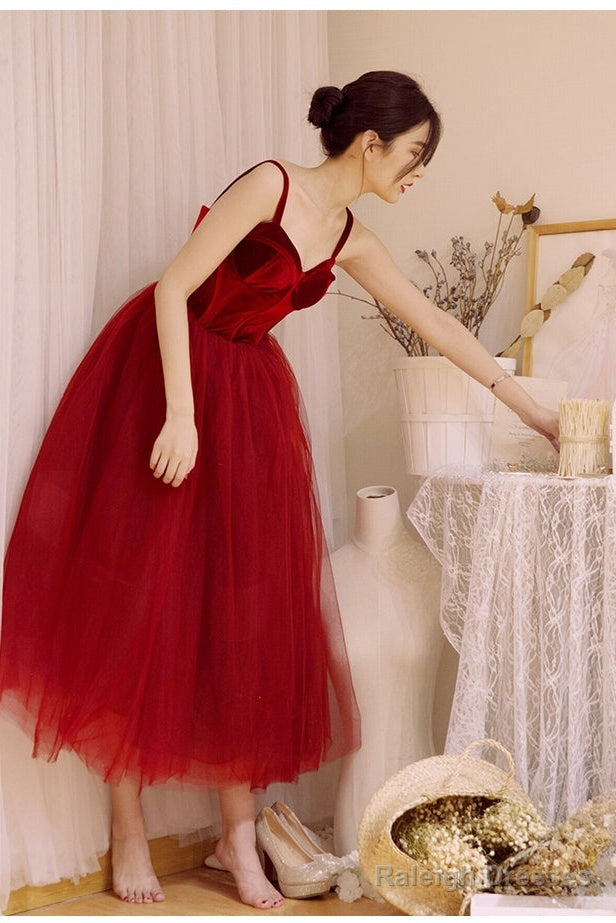Wine Red Tea Length Velvet Top And Tulle Party Dress, Dark Red Straps Evening Dress