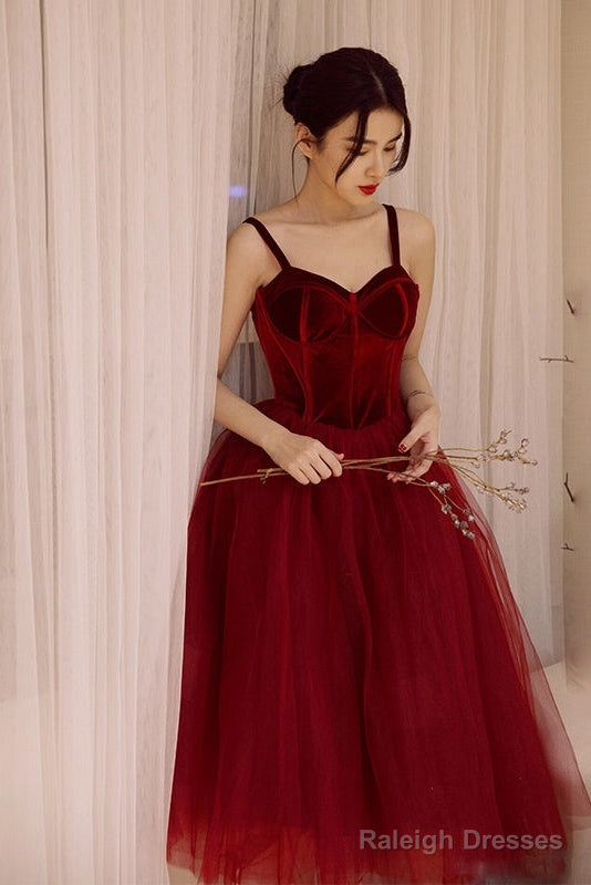 Wine Red Tea Length Velvet Top And Tulle Party Dress, Dark Red Straps Evening Dress