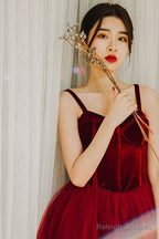 Wine Red Tea Length Velvet Top And Tulle Party Dress, Dark Red Straps Evening Dress