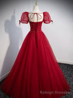 Wine Red Tulle A-line Beaded Long Prom Dress, Wine Red Formal Dress Party Dress