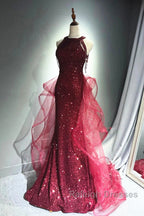 Wine Red Tulle And Sequins Halter Long Prom Dresses Wine Red New Style Prom Dresses