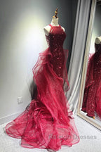 Wine Red Tulle And Sequins Halter Long Party Dress, Wine Red New Style Prom Dress