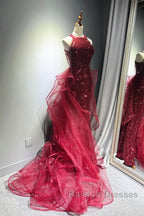 Wine Red Tulle And Sequins Halter Long Prom Dresses Wine Red New Style Prom Dresses