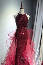 Wine Red Tulle And Sequins Halter Long Prom Dresses Wine Red New Style Prom Dresses