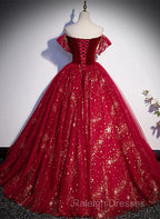 Wine Red Tulle Ball Gown Beaded Sweetheart Party Dress, Wine Red Prom Dress