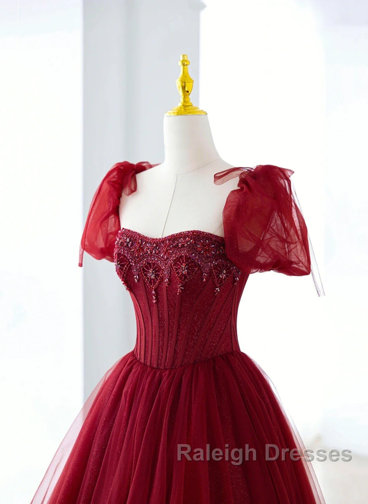 Wine Red Tulle Beaded Long Prom Dress, A-Line Sweetheart Formal Evening Dress Secondary image