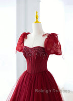 Wine Red Tulle Beaded Long Prom Dress, A-Line Sweetheart Formal Evening Dress