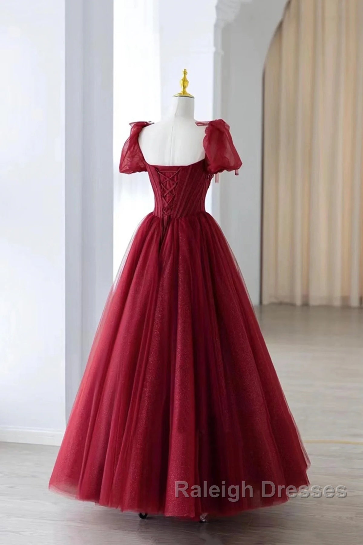 Wine Red Tulle Beaded Long Prom Dress, A-Line Sweetheart Formal Evening Dress