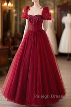 Wine Red Tulle Beaded Long Prom Dress, A-Line Sweetheart Formal Evening Dress