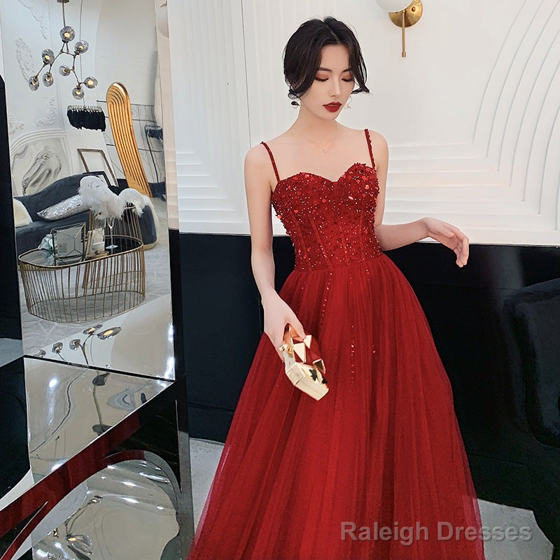 Wine Red Tulle Beaded Straps Beaded Formal Dress, Dark Red Evening Dress Party Dresses